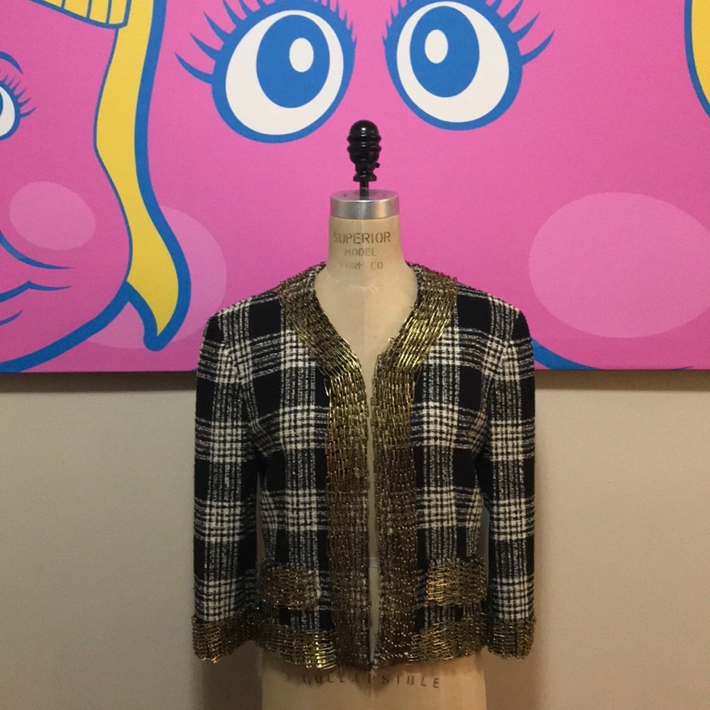 Moschino Couture Black White Plaid Wool Jacket Safety Pin